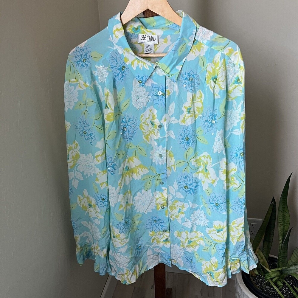 Bob Mackie Womens Plus Size 3X 100% Silk Button Down Top Shirt Sequin Floral L/S